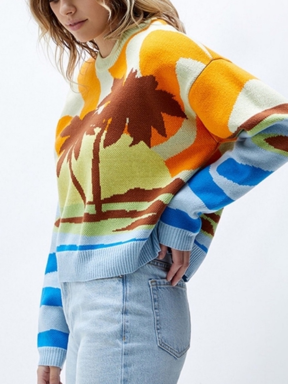 PacSun Multi-Color V-Neck Palm sunset Print Sweater blue